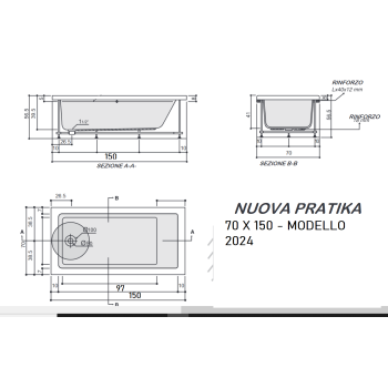 PRATIKA 70 x 150 VASCA RETTANGOLARE 