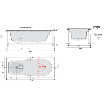 REHA  150 - 170 x 70 VASCA DA BAGNO RETTANGOLARE 