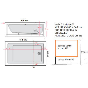 VASCA DOCCIA CABINATA 140 X 80 